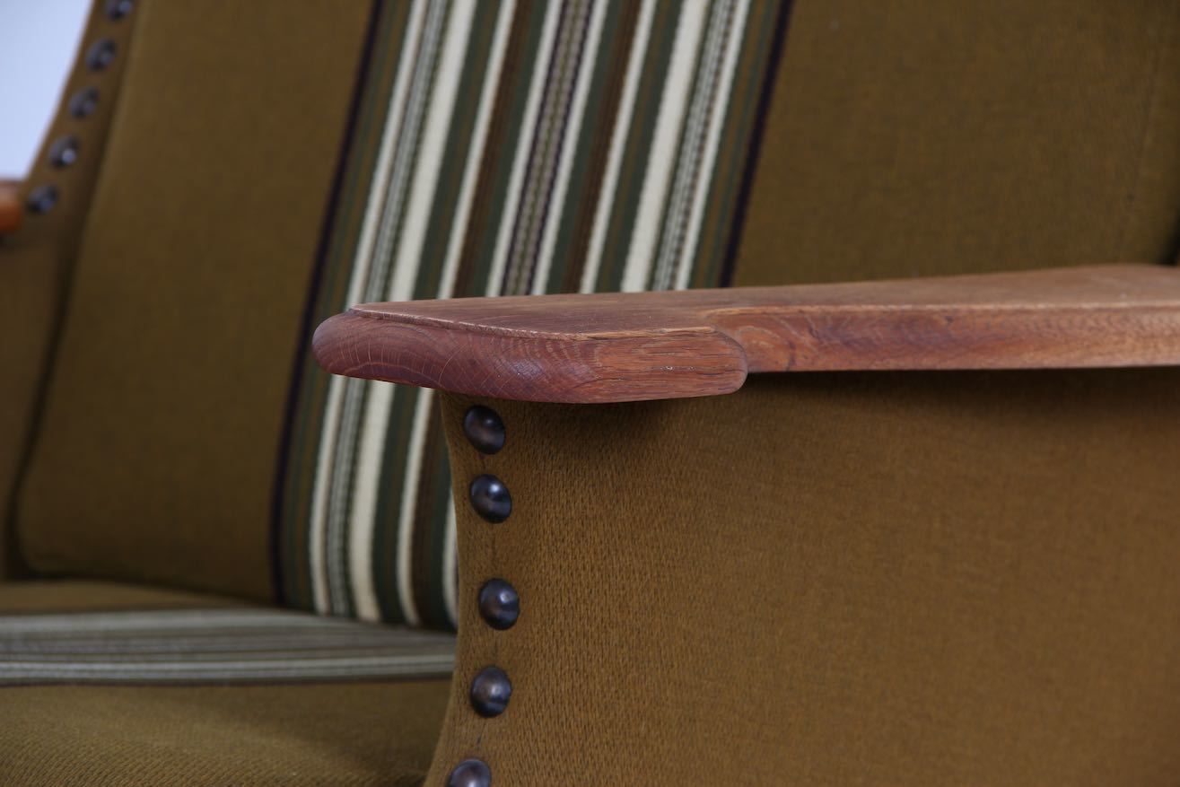 Furniture Danish Loungechair, 1970 Design In Solid Oak And Wool Fabric. photo