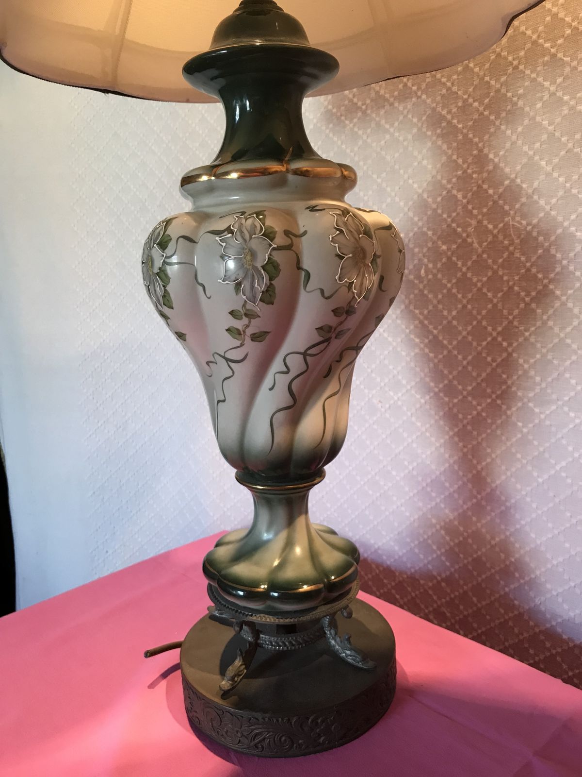 Pair Of Green Pottery Lamps With Embellished Flower Design And Lined Lampshades photo vinterior
