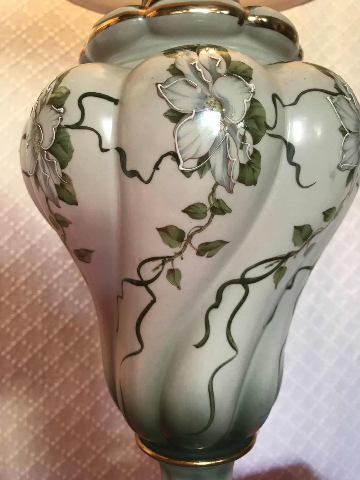 Pair Of Green Pottery Lamps With Embellished Flower Design And Lined Lampshades photo buy