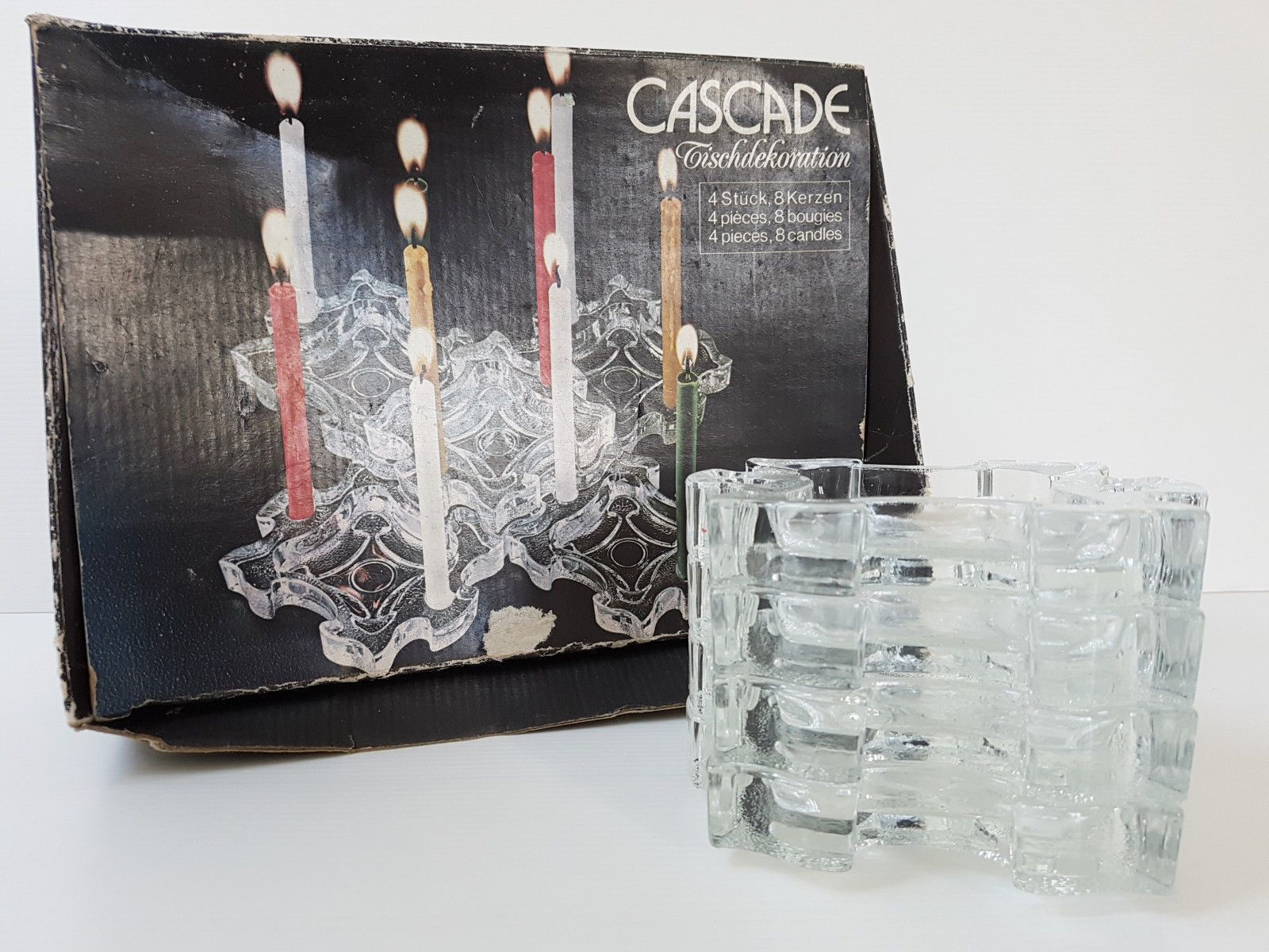 Suite Of 4 Candle Holders Ashtrays Glass Puzzle Cascade 1970 Vintage 70s 70s photo Home Decor