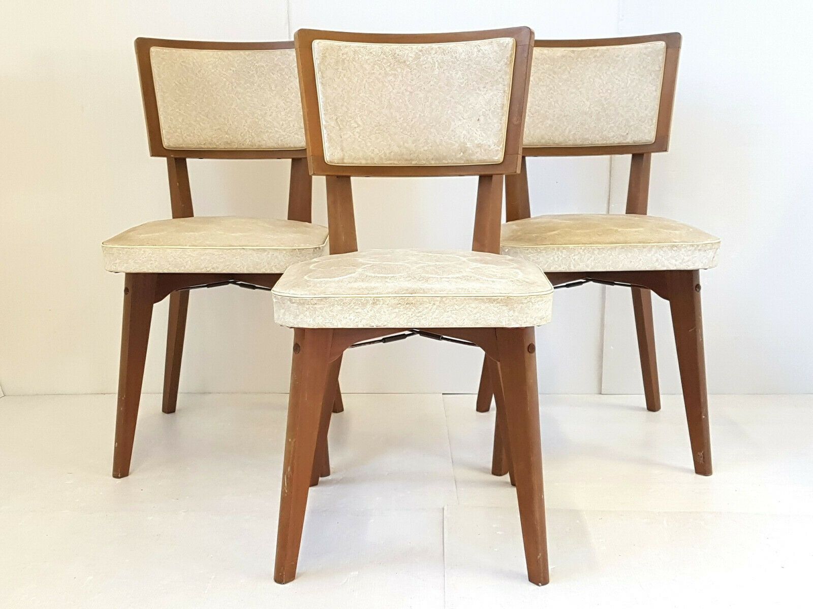 Suite Of 3 Chairs Vintage Wood & Skai 1950 Vintage 50s