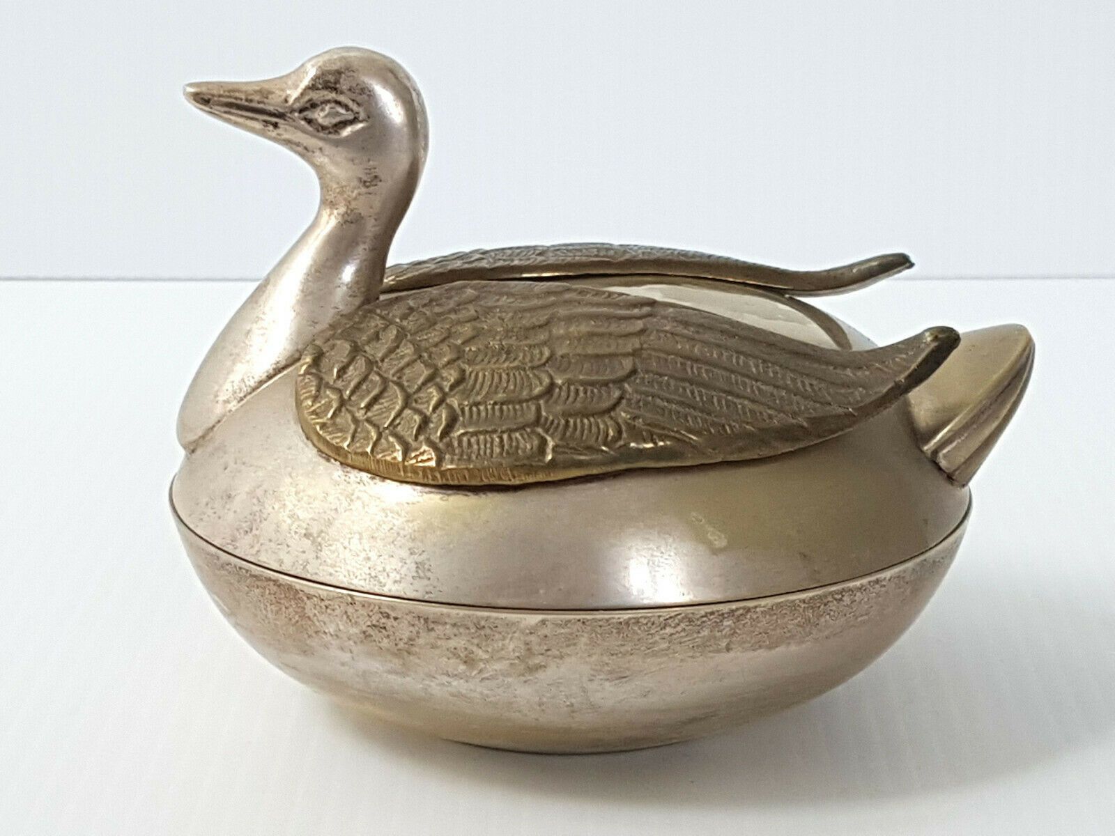Bonbonniere Box 1970 Vintage Duck In Silver Metal & Brass 70s 70s photo Home Decor