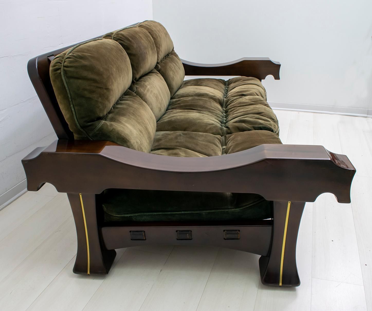 Luciano Frigerio Mid Century Modern Italian Wood And Suede Sofa "Ussaro", 1970s photo buy