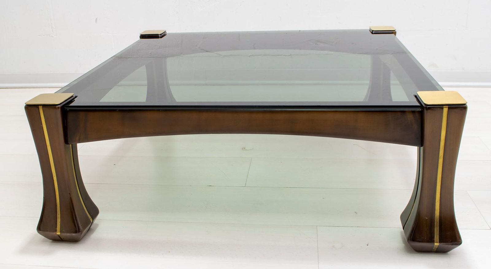 Luciano Frigerio Midcentury Italian Wood And Brass Coffee Table "Ussaro", 1970s photo for sale