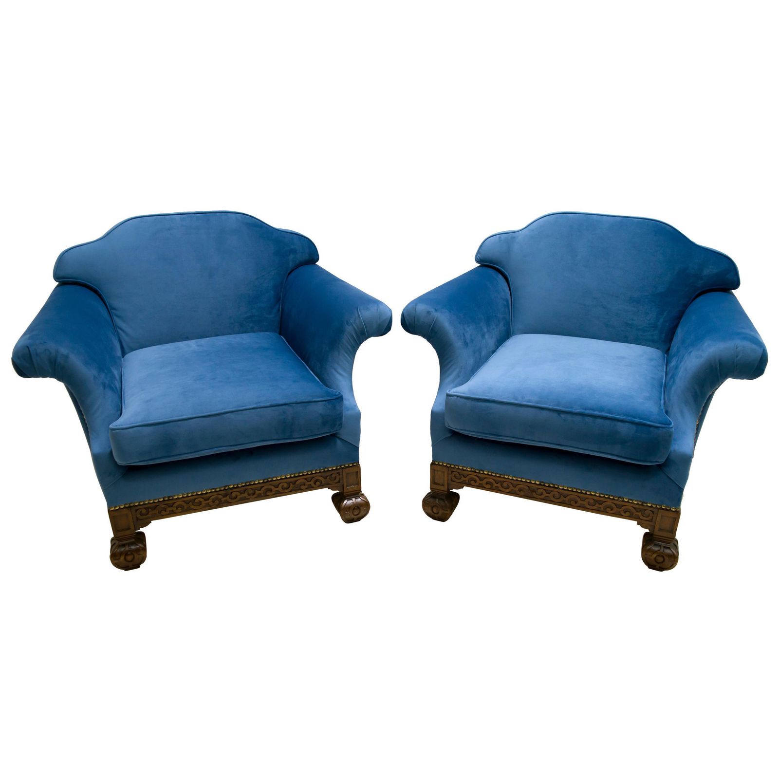 Pair Of 19th Century Neo Renaissance Oak And Blue Velvet Italian Armchairs