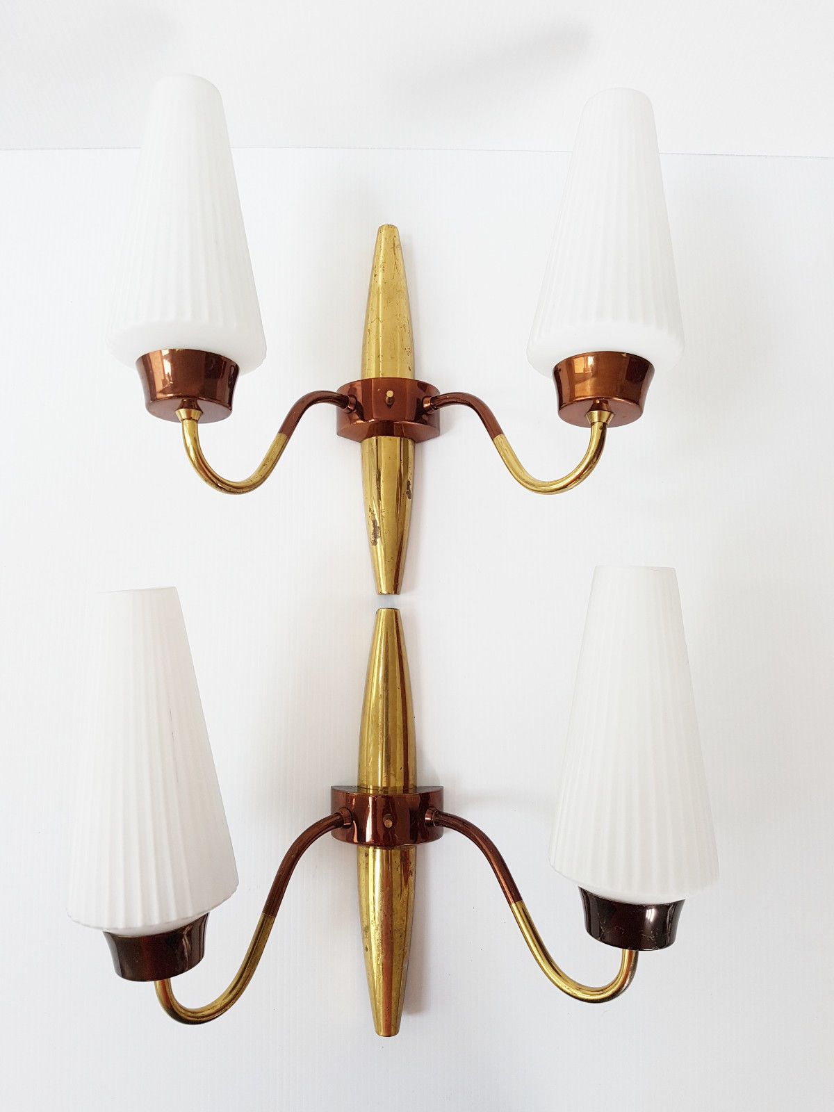 Pair Of French Vintage Sconces 1950 Rockabilly Brass, Copper & Glass 50 S