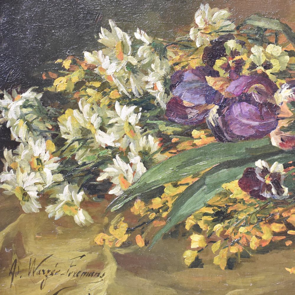 Flower Painting, Iris And Daisies, Still Life, Oil On Canvas, Early Twentieth Century.  (Qf185) photo Art