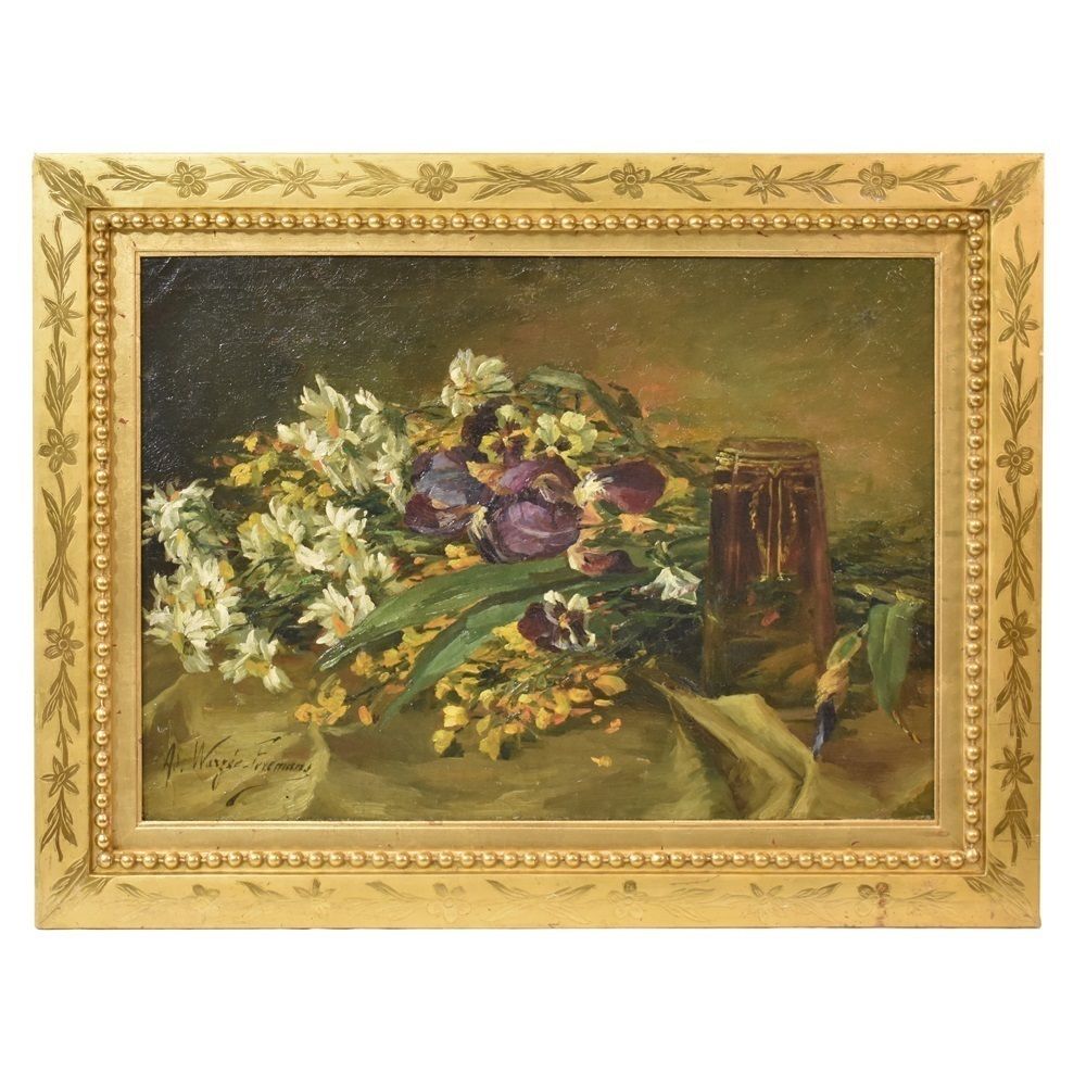 Flower Painting, Iris And Daisies, Still Life, Oil On Canvas, Early Twentieth Century.  (Qf185)