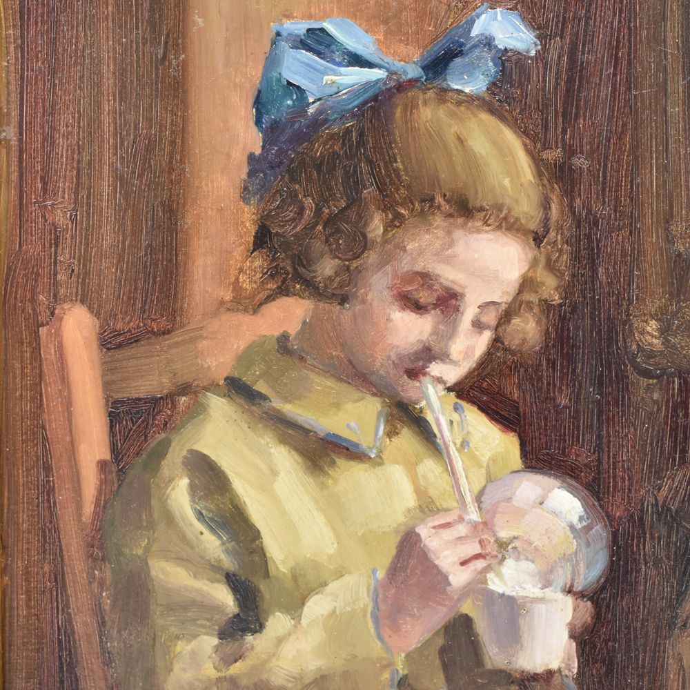 Portrait Painting, Child Playing, Art Deco, Oil On Wood, Early 20th Century. (Qr189) photo furniture