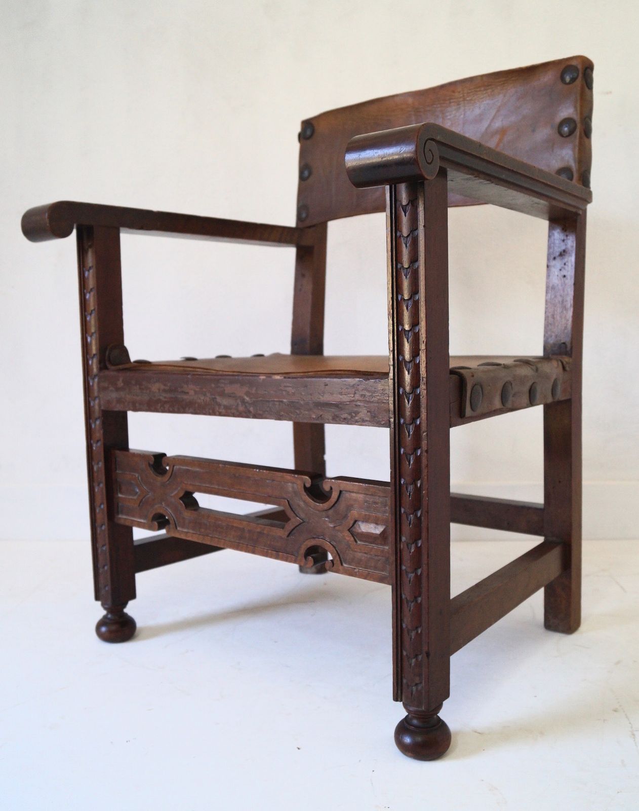 Antique French Louis XIII Leather Seated Armchair