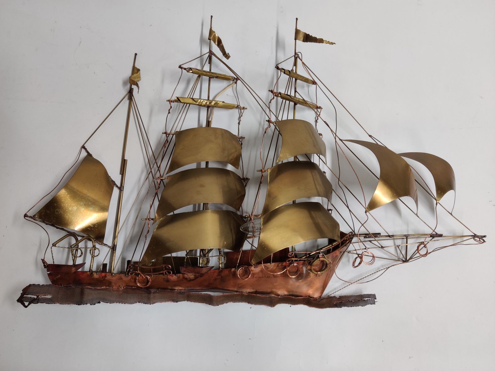 Large Daniel D’haeseleer Sailing Vessel Wall Light Sculpture In Solid Copper And Brass, 1970's photo furniture