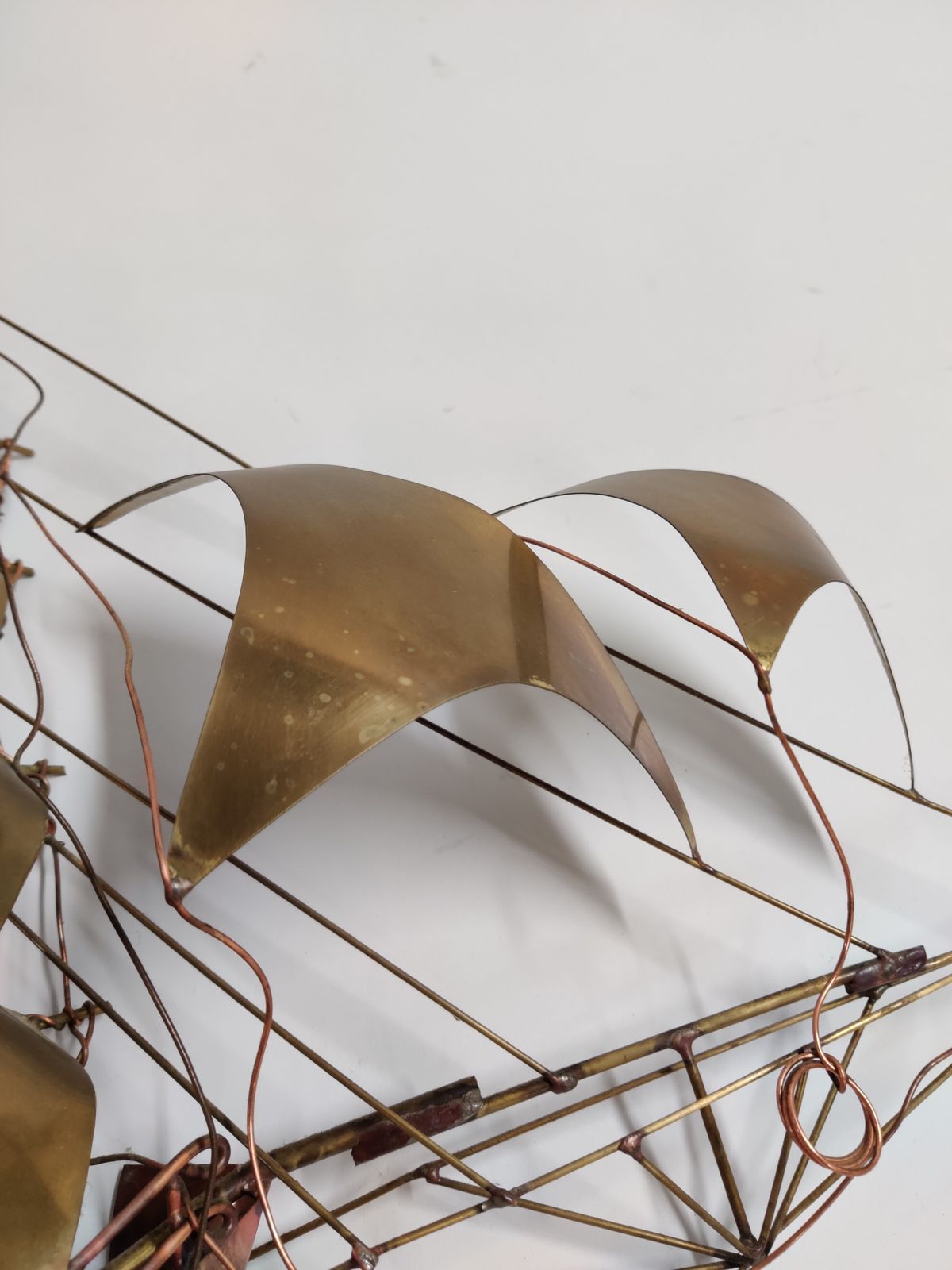 Large Daniel D’haeseleer Sailing Vessel Wall Light Sculpture In Solid Copper And Brass, 1970's photo for sale