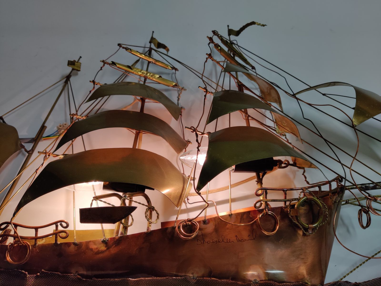 Large Daniel D’haeseleer Sailing Vessel Wall Light Sculpture In Solid Copper And Brass, 1970's photo 1030.0