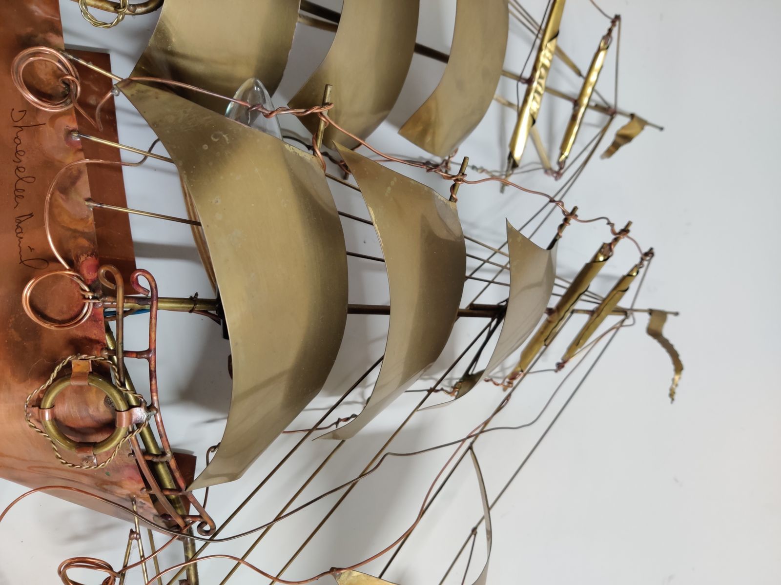 Large Daniel D’haeseleer Sailing Vessel Wall Light Sculpture In Solid Copper And Brass, 1970's photo vinterior
