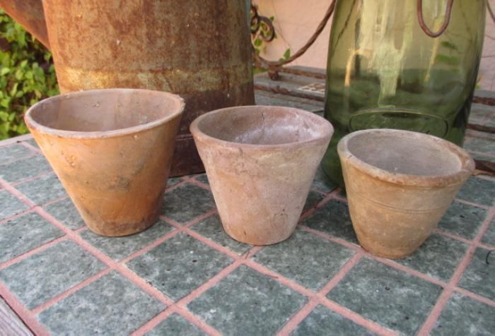 3 Vintage French Hand Thrown Petite Clay Primitive Flower Pots photo furniture