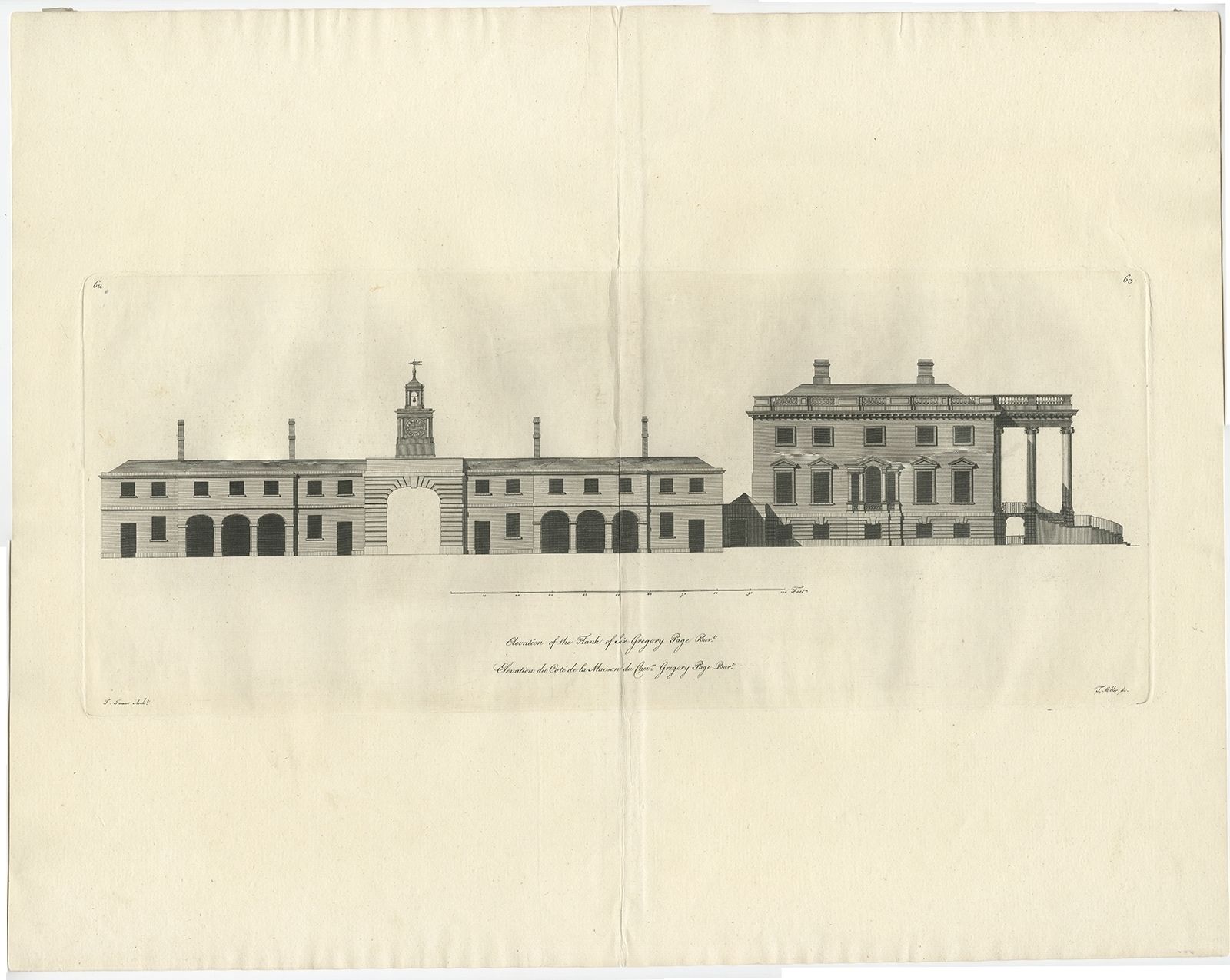 Antique Print Of The Residence Of Sir Gregory Page By Miller (C.1770)