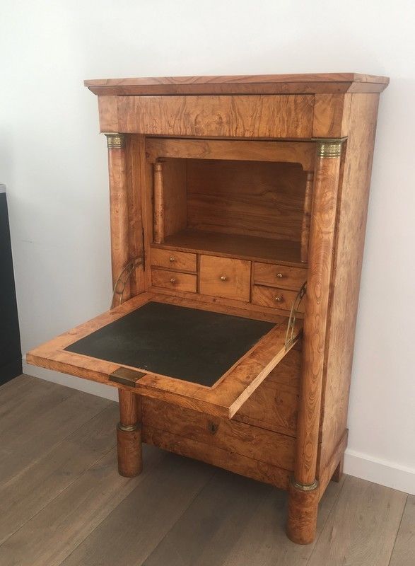 Burr Walnut Clapper Empire Secretary With Detached Columns And Secret Drawer. French. Circa 1850