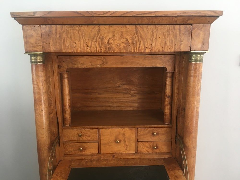 Burr Walnut Clapper Empire Secretary With Detached Columns And Secret Drawer. French. Circa 1850 photo vinterior