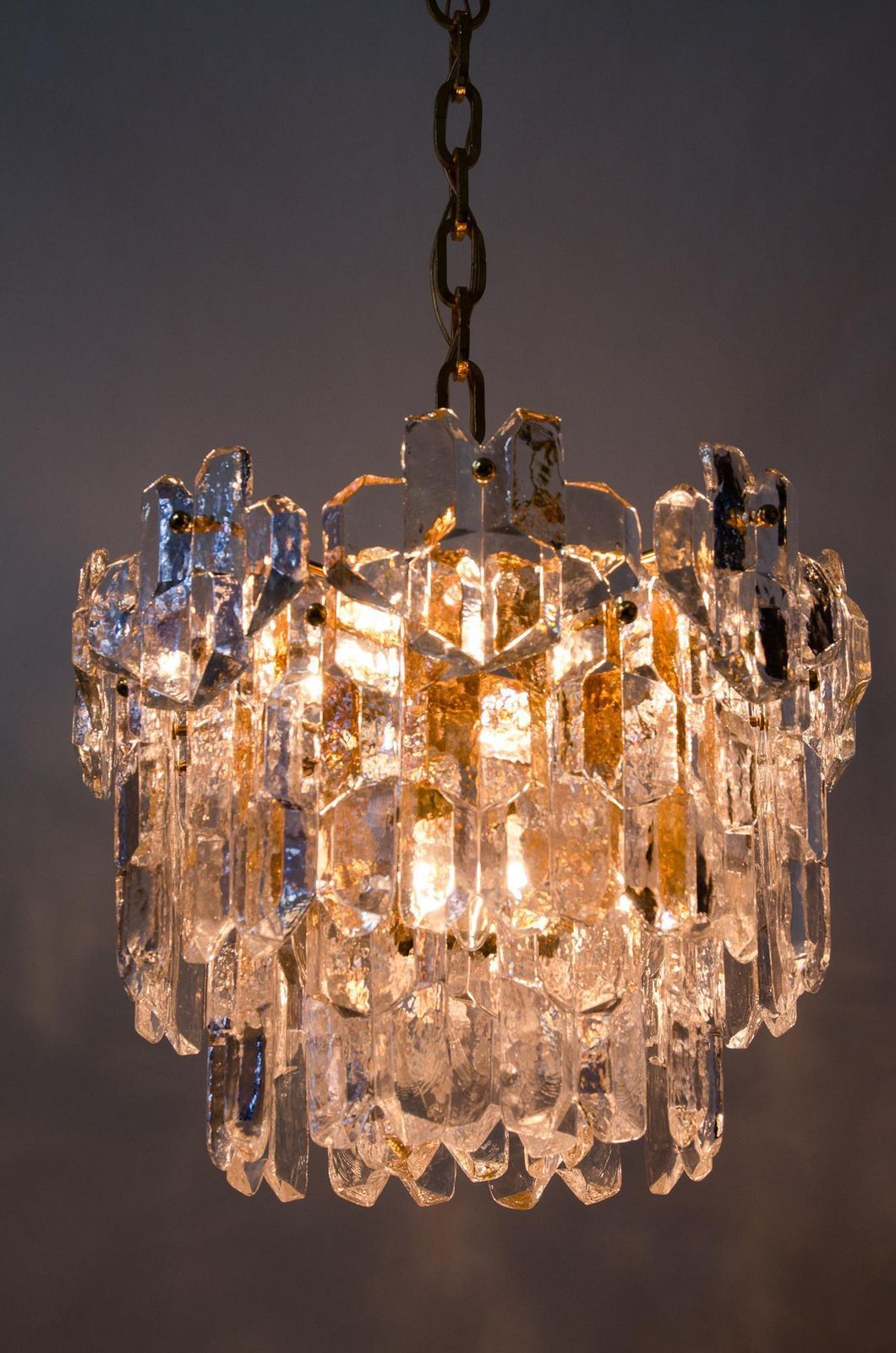 J.T. Kalmar Palazzo Chandelier Gold Brass Glass, 1970s photo vintage