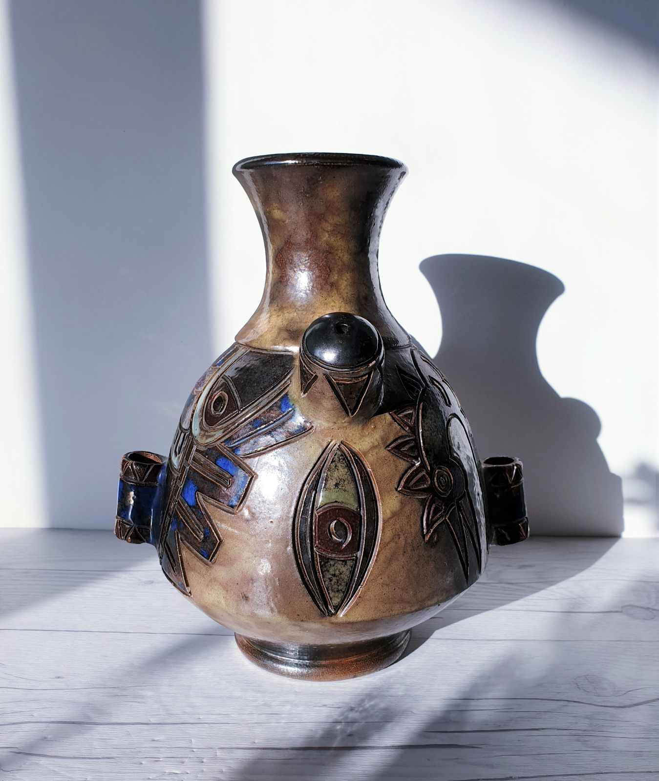 Guérin  By Roger Guérin, Double Sided Decor Salt Glaze Stoneware Vase | 1940s, Belgian, Rare photo for sale
