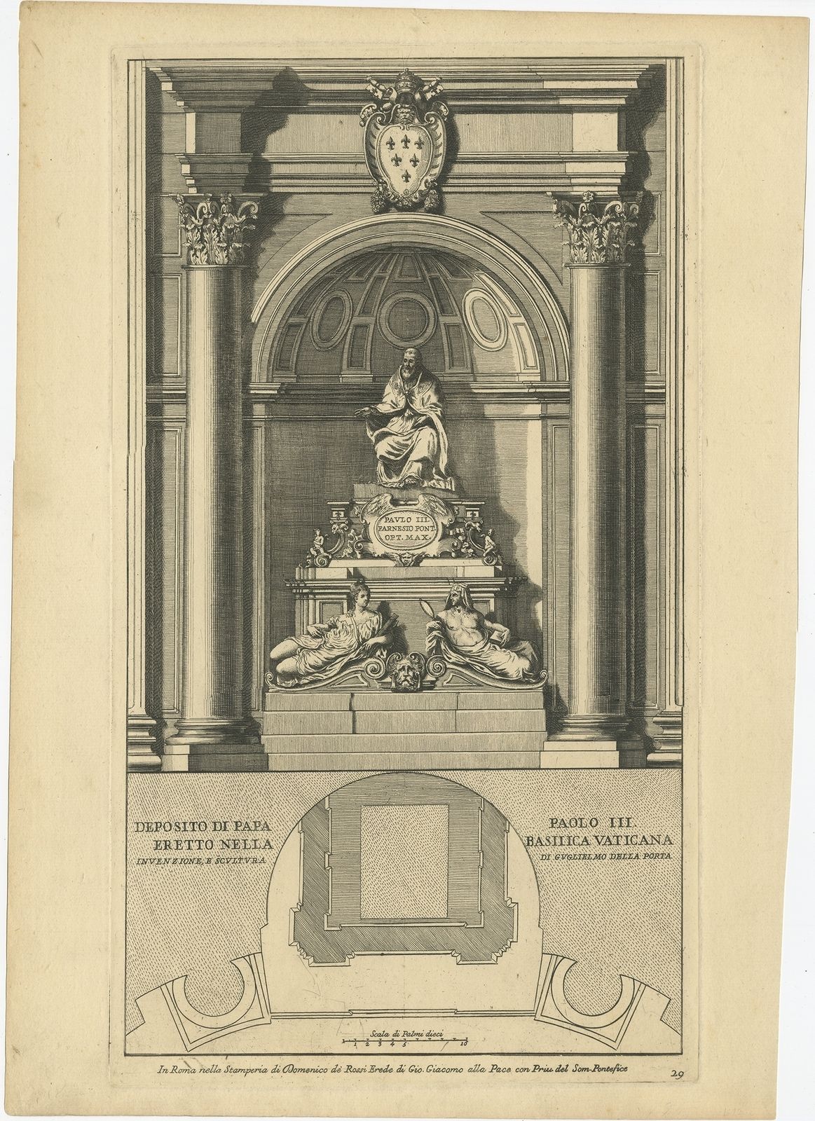 Antique Print Of The Monument To Pope Paul III By De Rossi (C.1710)