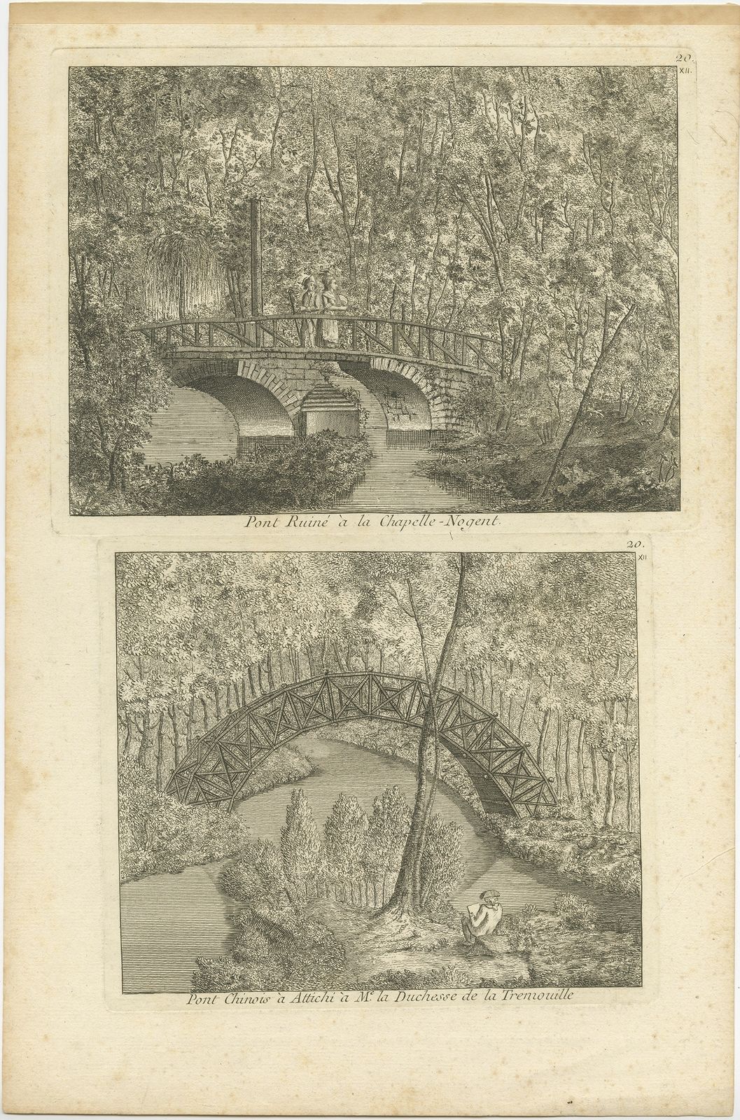 Pl. 20 Antique Print Of The Bridge Of Nogent Chapel And A Chinese Bridge By Le Rouge (C.1785)
