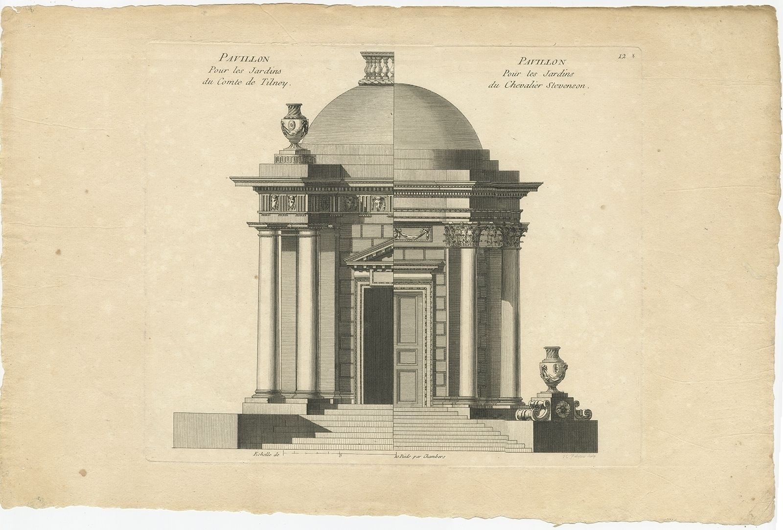 Pl. 12 Antique Print Of Garden Pavilions By Le Rouge (C.1785)