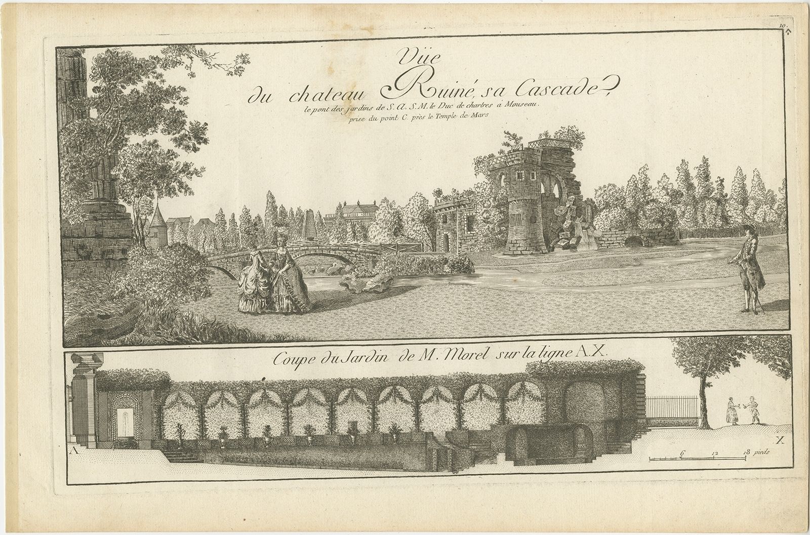 Pl. 10 Antique Print Of A Castle And Garden By Le Rouge (C.1785)