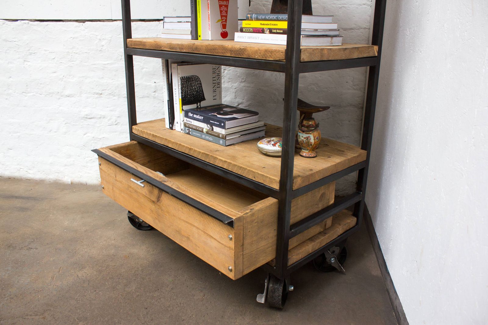 Ralph Bespoke Reclaimed Scaffolding Boards And Welded Dark Steel Box Section Framed Free Standing Shelves With Locking Drawer And Castors photo 1945.0