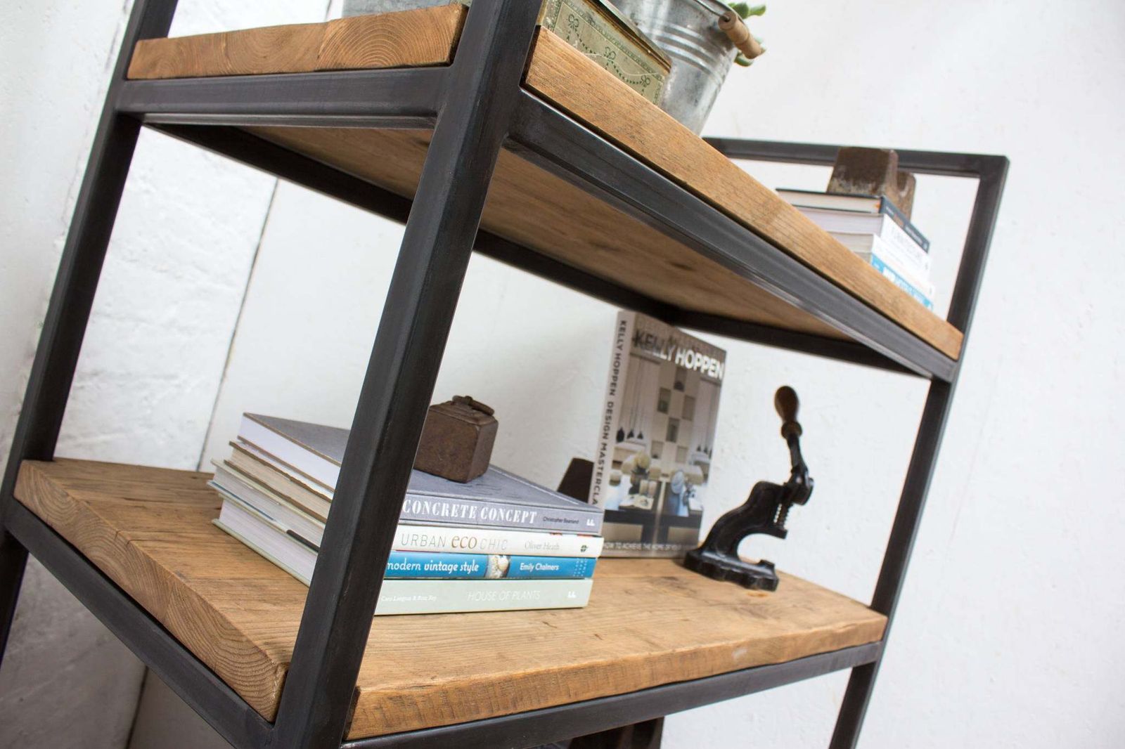 Ralph Bespoke Reclaimed Scaffolding Boards And Welded Dark Steel Box Section Framed Free Standing Shelves With Locking Drawer And Castors photo buy