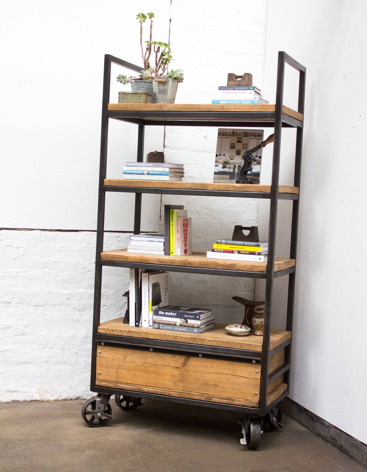 photo furniture Ralph Bespoke Reclaimed Scaffolding Boards And Welded Dark Steel Box Section Framed Free Standing Shelves With Locking Drawer And Castors