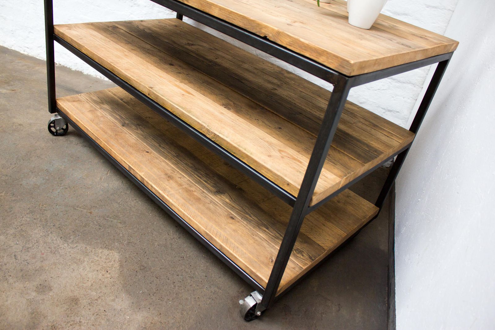 Charlie Bespoke Reclaimed Scaffolding Boards And Welded Dark Steel Box Section Framed Table With Shelves And Braked Vintage Castors photo vintage