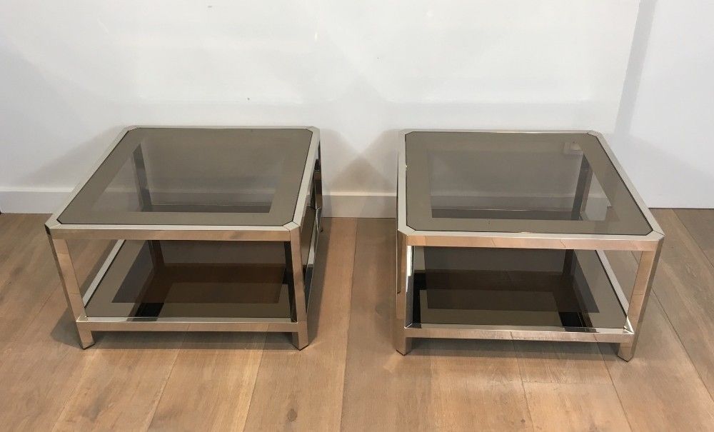 Pair Of Large Octogonal Chromed Side Tables With Bronze Glass Tops. French. Circa 1970 photo furniture