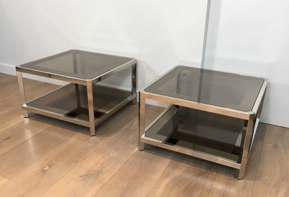 Pair Of Large Octogonal Chromed Side Tables With Bronze Glass Tops. French. Circa 1970 photo Furniture