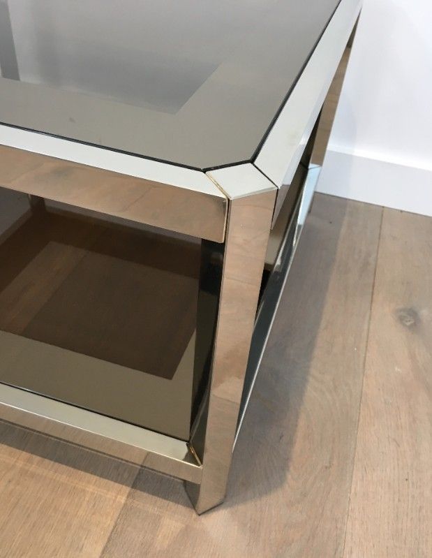 Pair Of Large Octogonal Chromed Side Tables With Bronze Glass Tops. French. Circa 1970 photo vintage