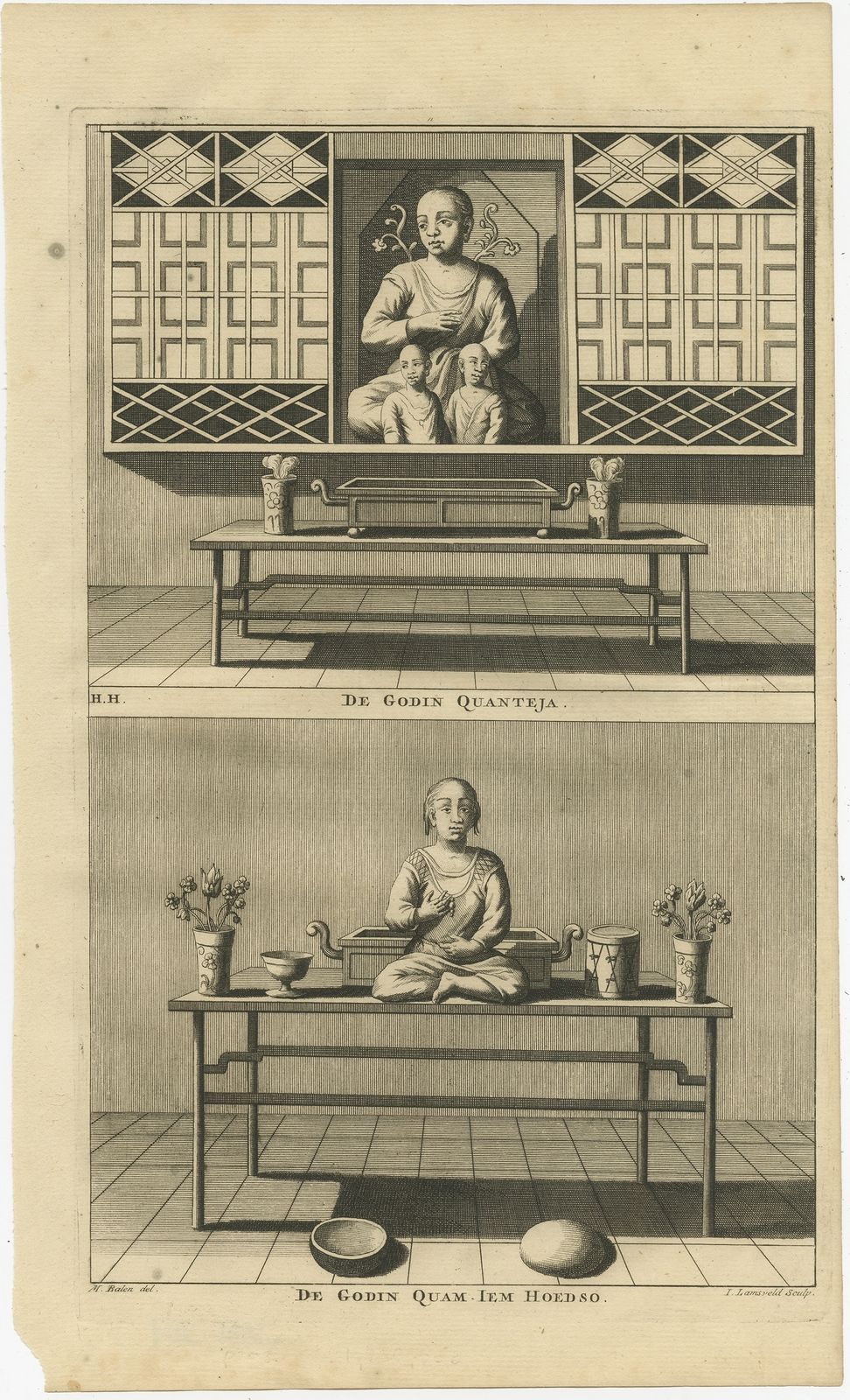 Antique Print Of Female Deities Of Chinese Buddhism By Valentijn (1726)