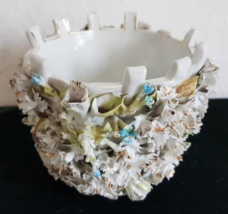 Antique Sitzendorf Porcelain Flower Encrusted Basket Germany 1890