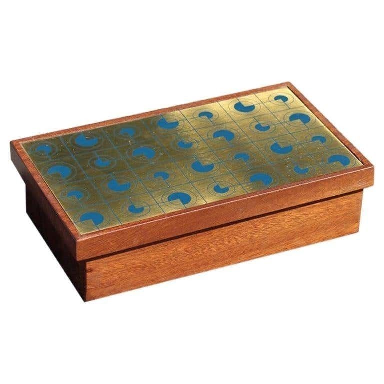 Mahogany Wood Tobacco Box With Golden And Blue Brass Lid, 1970