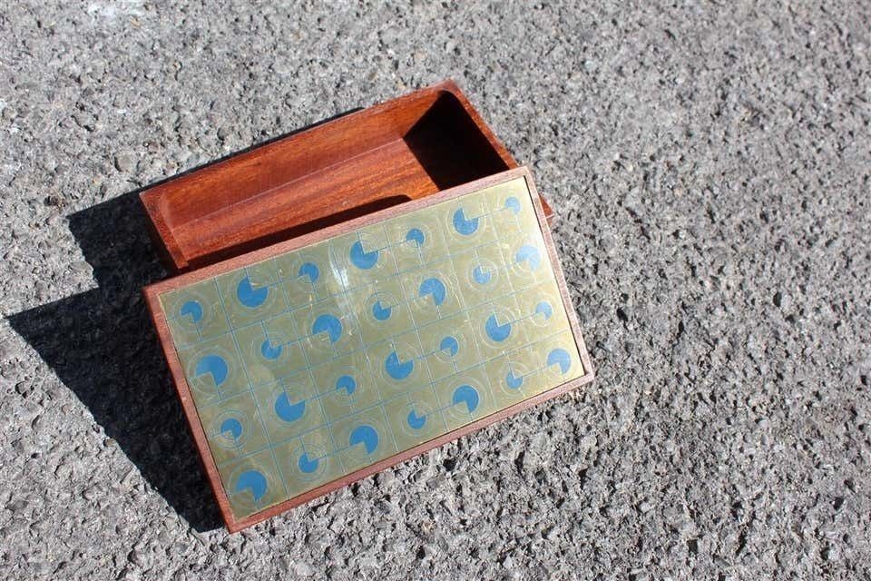 Mahogany Wood Tobacco Box With Golden And Blue Brass Lid, 1970 photo 666.0