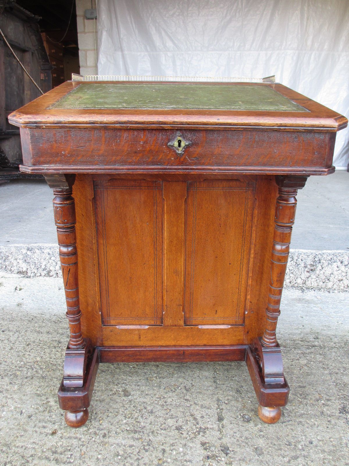 Victorian Oak Davenport With Brass Raised Gallery And Unusual Burr Maple Inner