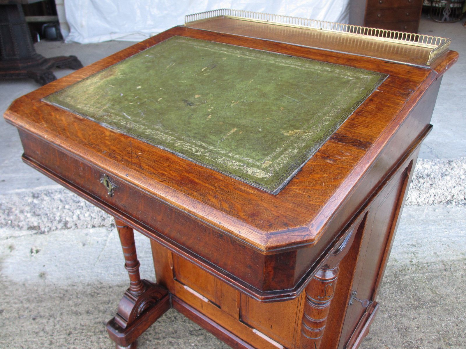 Victorian Oak Davenport With Brass Raised Gallery And Unusual Burr Maple Inner photo for sale