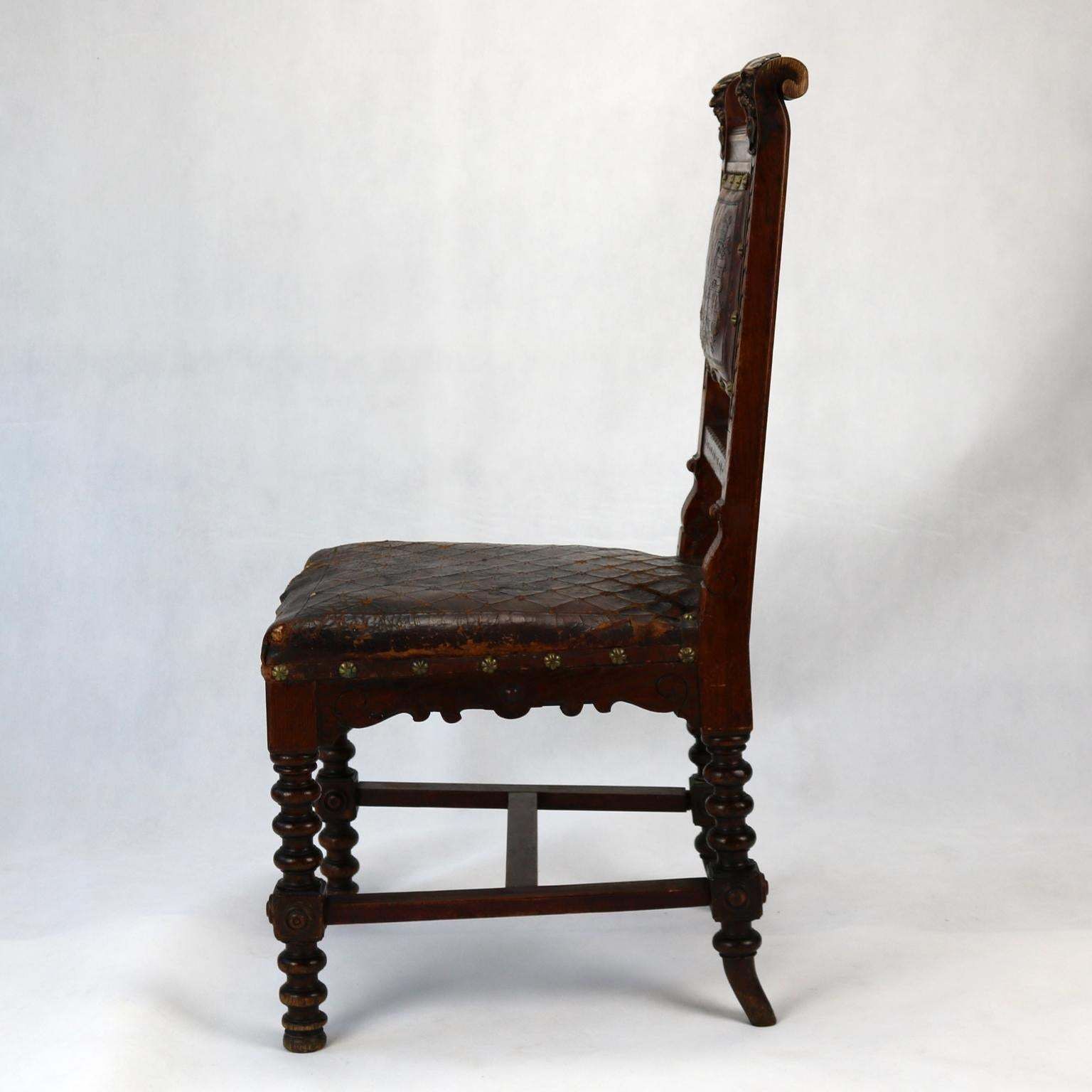 Reanaissance Revival Hand Carved Chair With Embossed Leather 19th Century photo Furniture