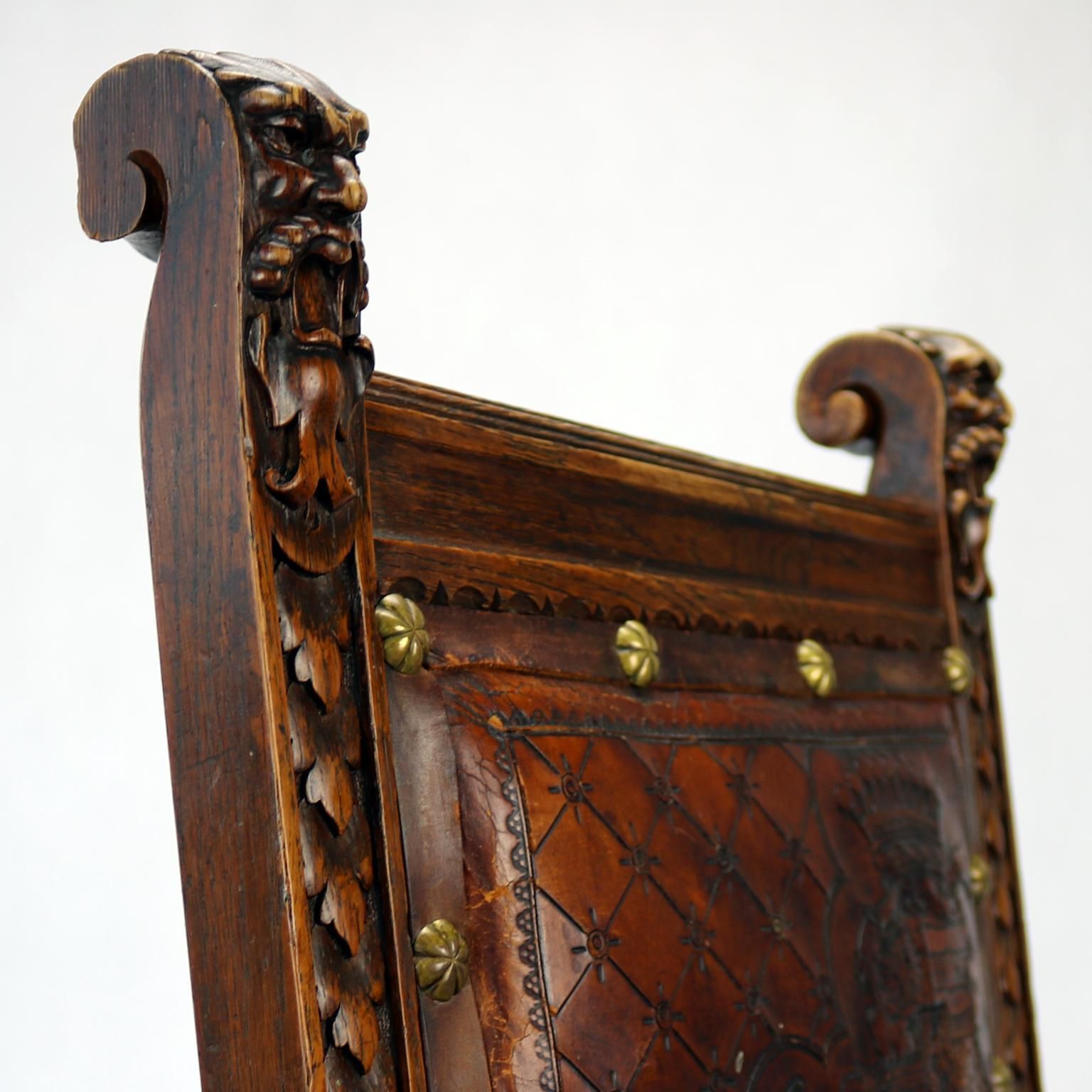 Reanaissance Revival Hand Carved Chair With Embossed Leather 19th Century photo buy