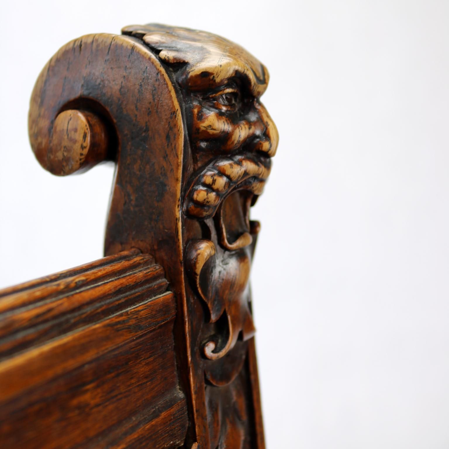 Reanaissance Revival Hand Carved Chair With Embossed Leather 19th Century photo vintage