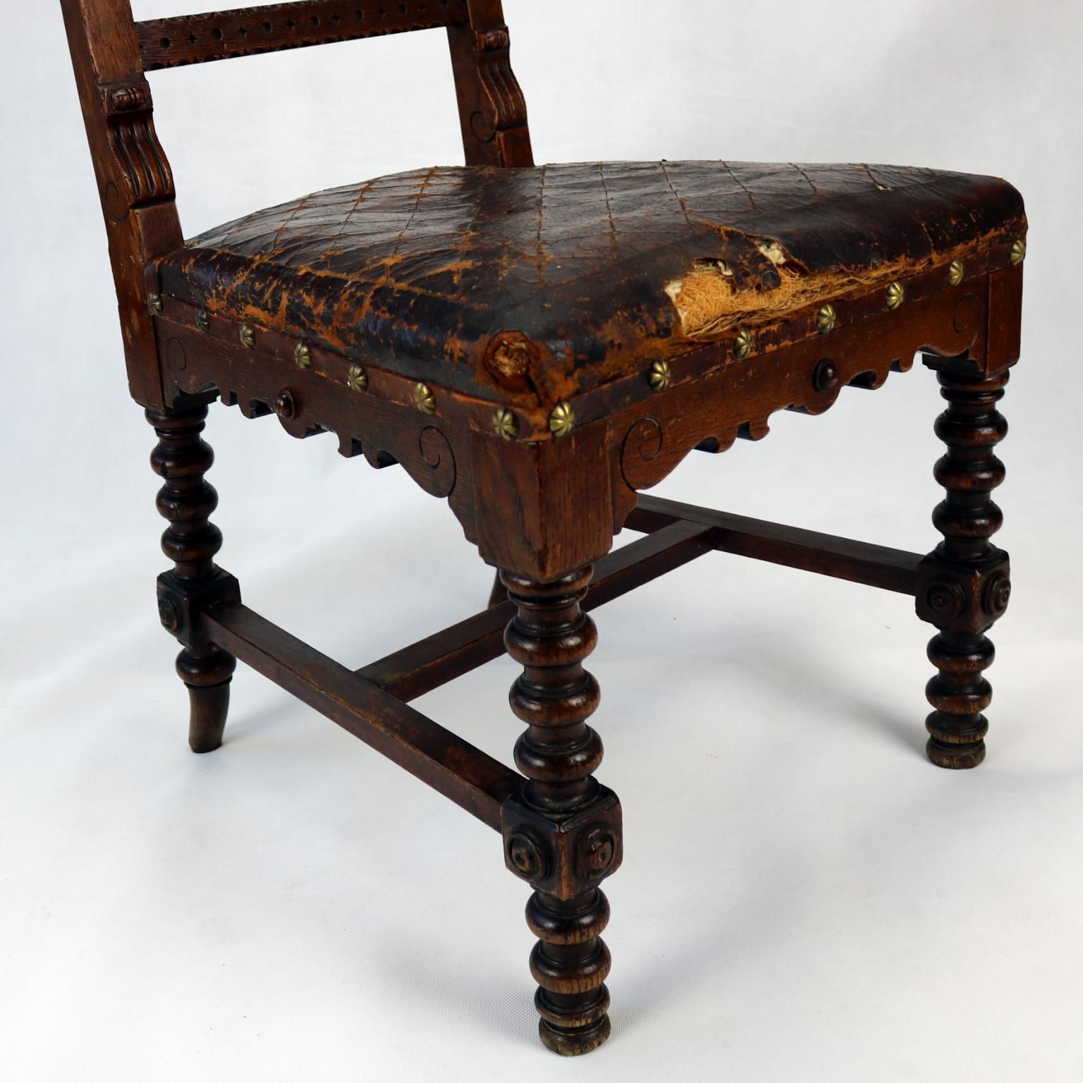 photo furniture Reanaissance Revival Hand Carved Chair With Embossed Leather 19th Century