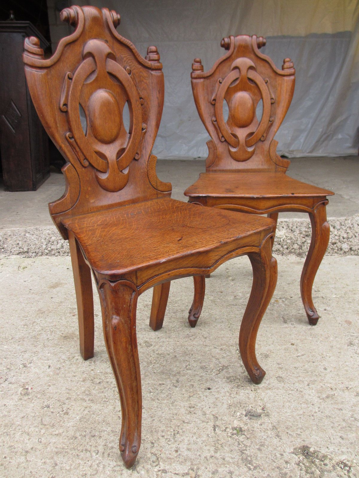 Pair Victorian Carved Golden Oak Shield Back Side/Hall Chairs Cabriole Legs photo furniture