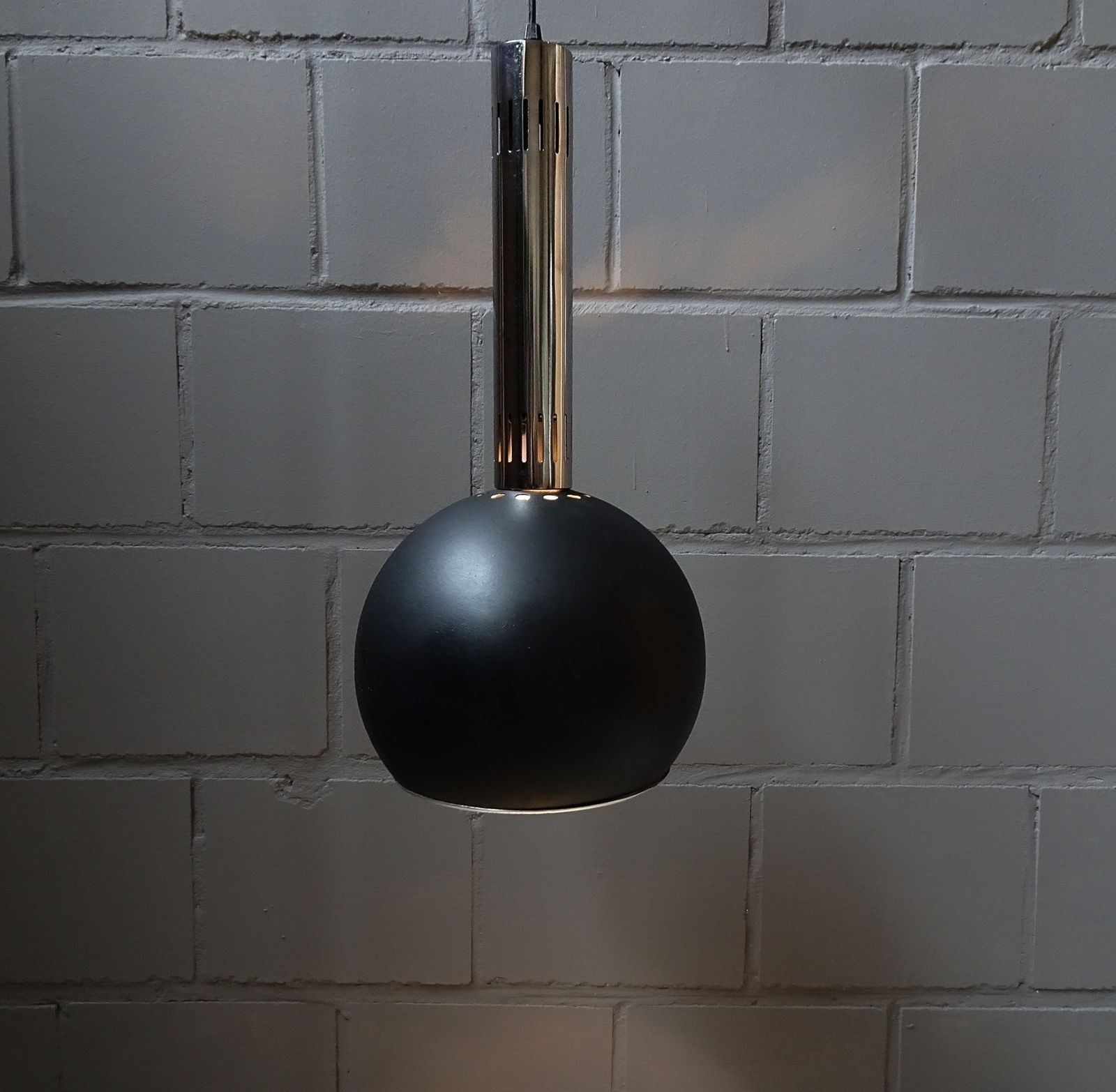 Large Industrial Pendant Lamp Made Of Metal And Chrome With Black Shrink Lacquer, Ball Lamp 1960s photo Lighting