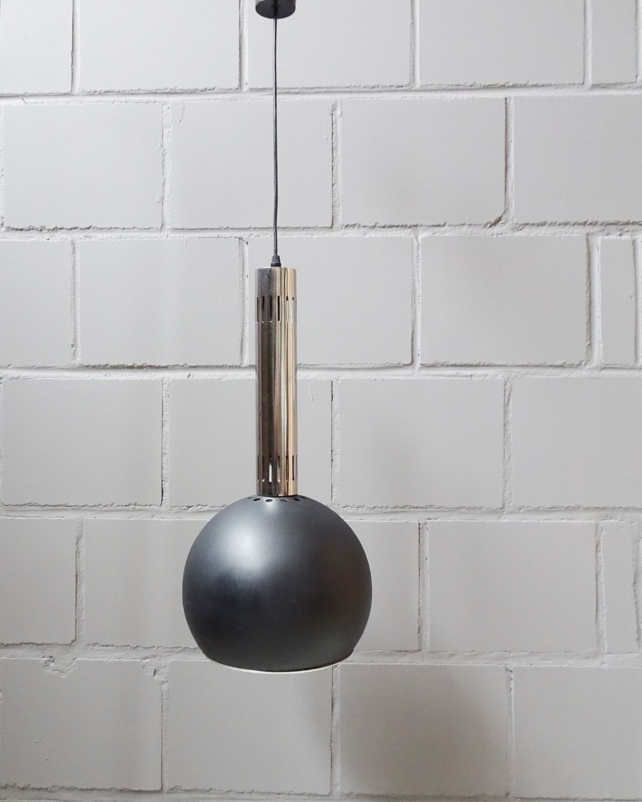 Large Industrial Pendant Lamp Made Of Metal And Chrome With Black Shrink Lacquer, Ball Lamp 1960s photo buy