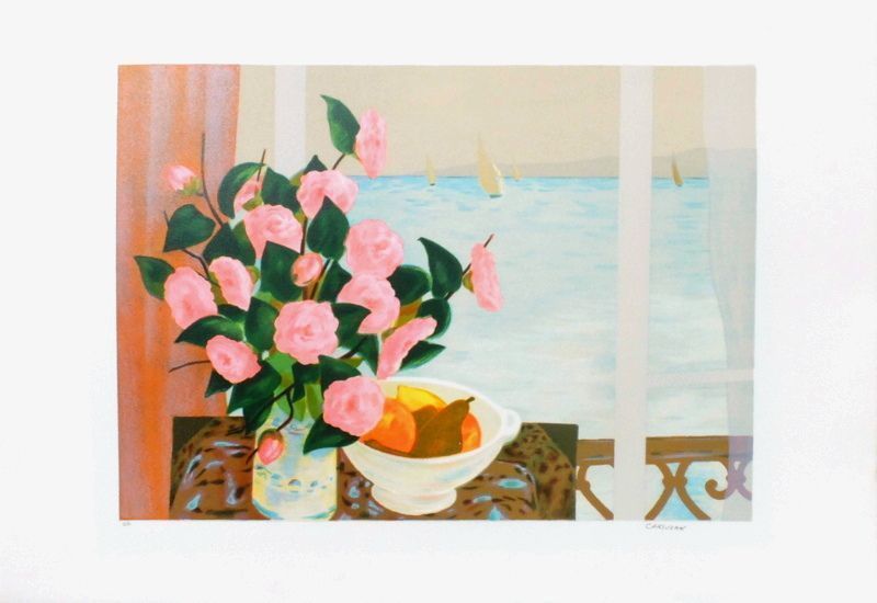 Carsuzan Jean Claude Lithography Bouquet Of Roses At The Window