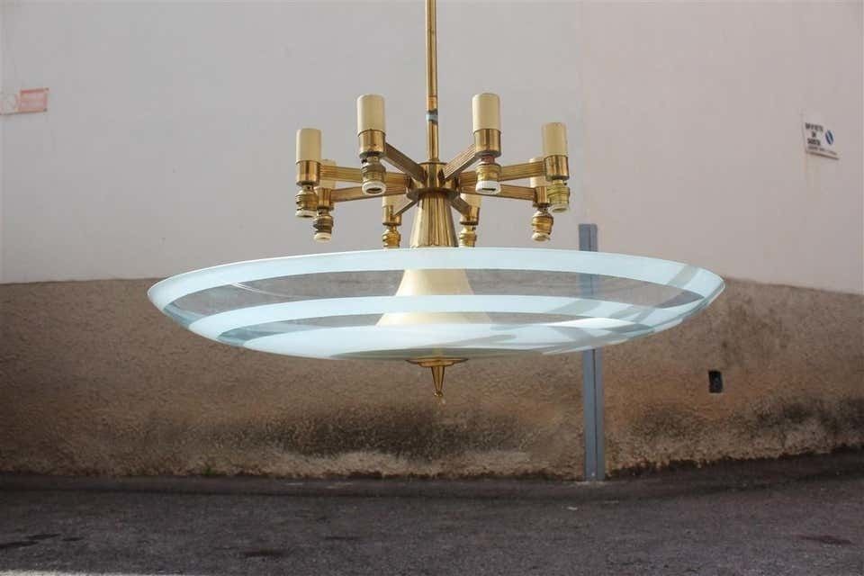 1571.0 Flying Saucer Chandelier In Concave Glass And Brass Gold Midcentury, Italian photo